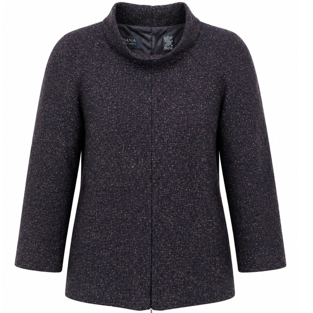 Dana Buchman Jacket Women 12 Wool Silk Funnel Neck Brown Tweed DBMU2526 Classic